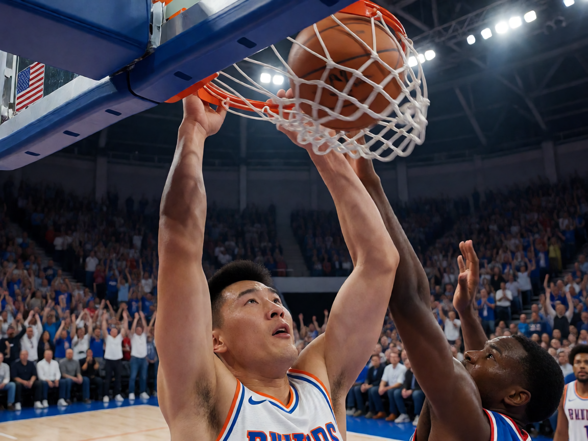 NBA比赛扣篮瞬间-球员在空中完成强力扣篮，对手无法封盖，体育馆内观众沸腾